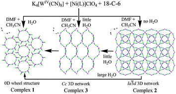 Graphical abstract: Water-controlled synthesis and single-crystal structural transformations of a cyanide-bridged W(iv)–Ni(ii) molecular wheel complex and 3D networks